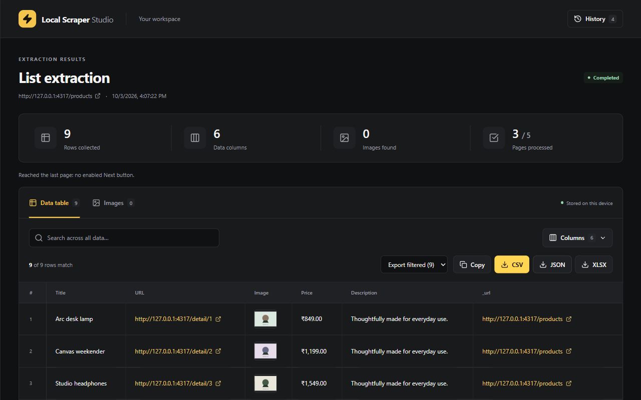 Searchable results table with CSV, JSON and XLSX exports