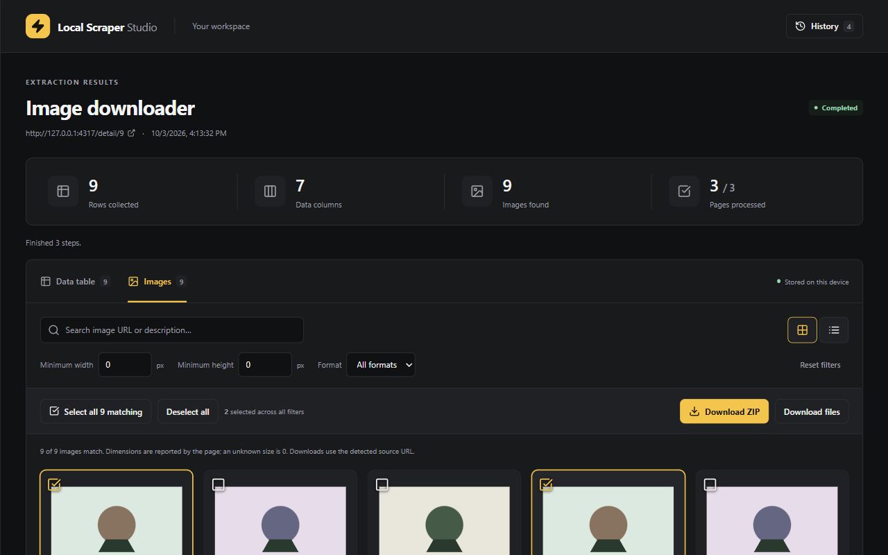 Image gallery with filters, selection and ZIP download controls