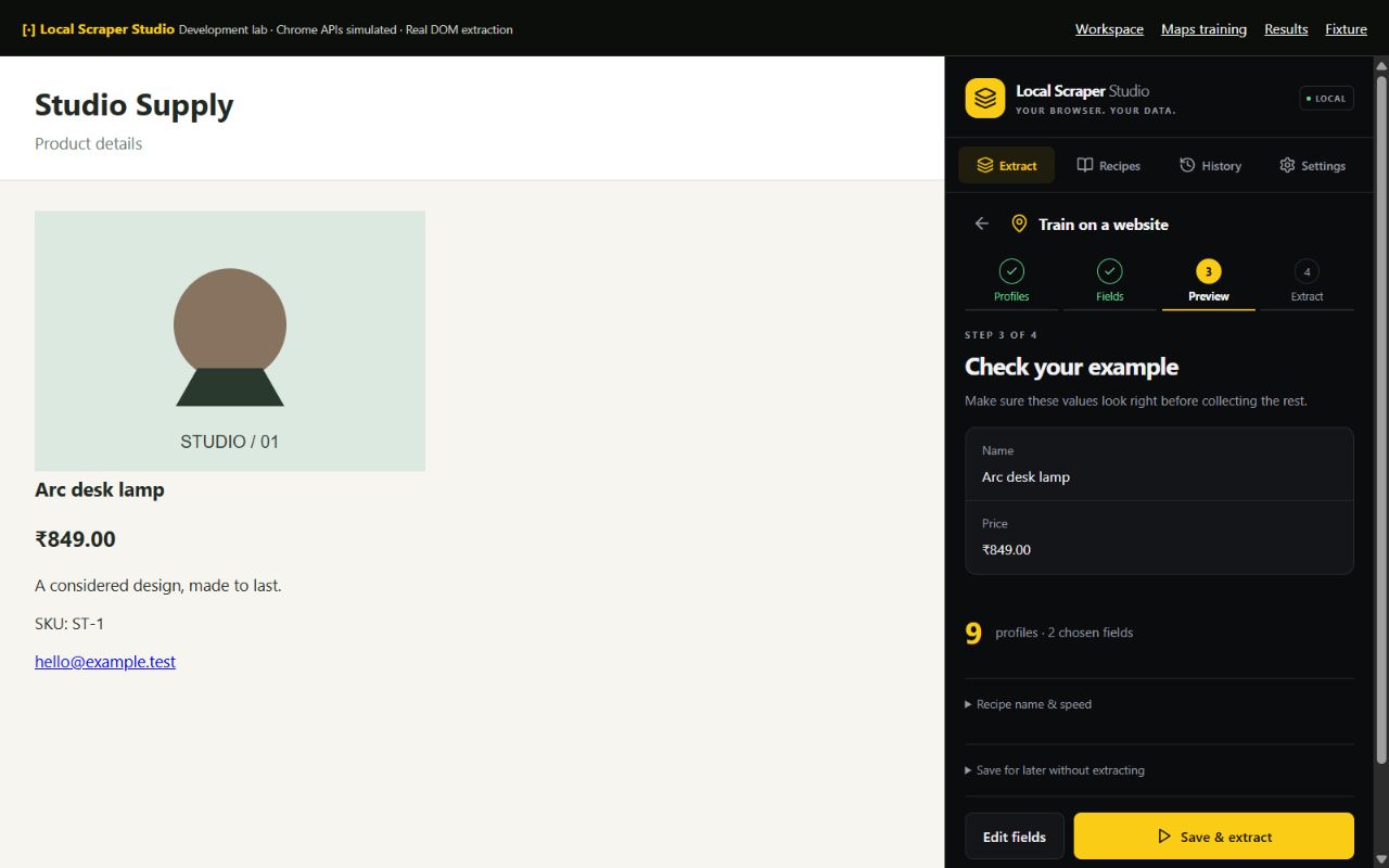 Guided website training showing manually selected Name and Price fields beside an example product